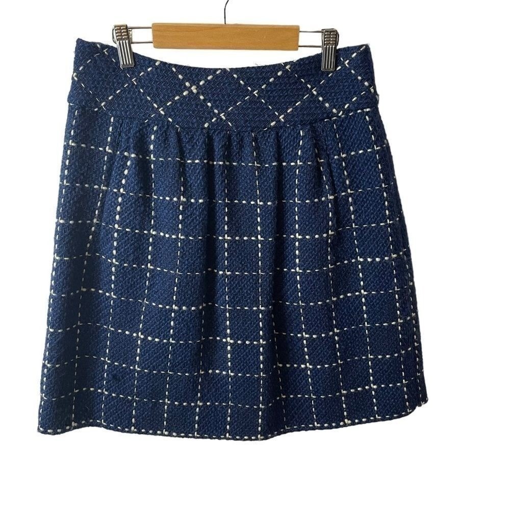 Maeve Anthropologie Navy Blue Tweed Windowpane Mini Skirt Size 6 Herringbone